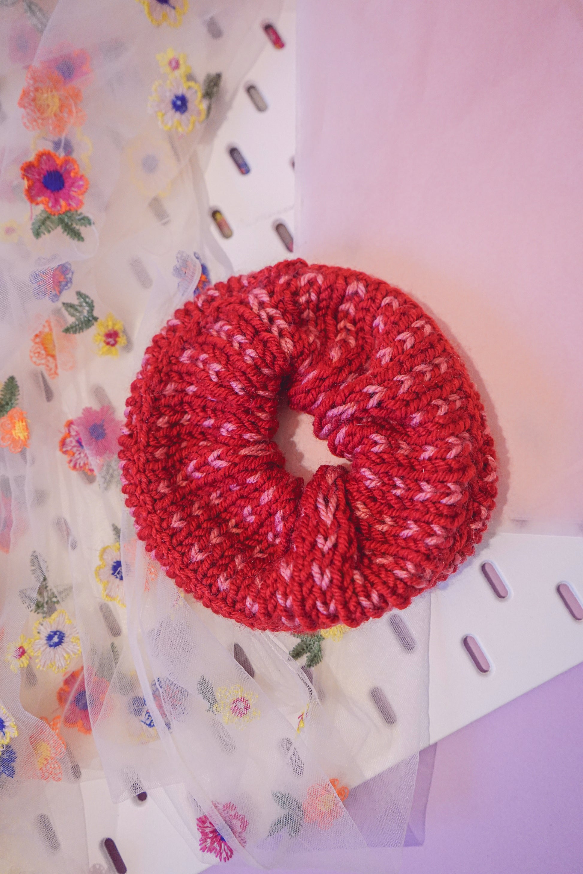 Mini Hearts - Pink and Red Knitted XL Scrunchie