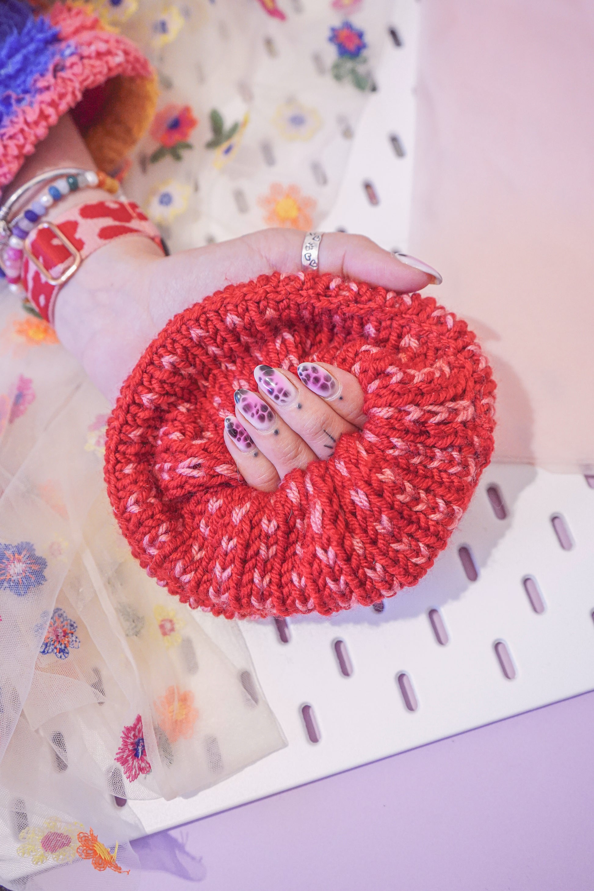 Mini Hearts - Pink and Red Knitted XL Scrunchie